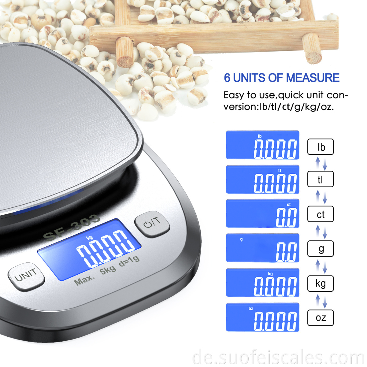 SF-303 Edelstahl 5000G Max D1G hohe Genauigkeit Digitale Küche Waage Skala